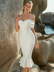 White Off-Shoulder Mermaid Midi Dress with Sheer Tulle Sleeves – Bridal & Special Occasion