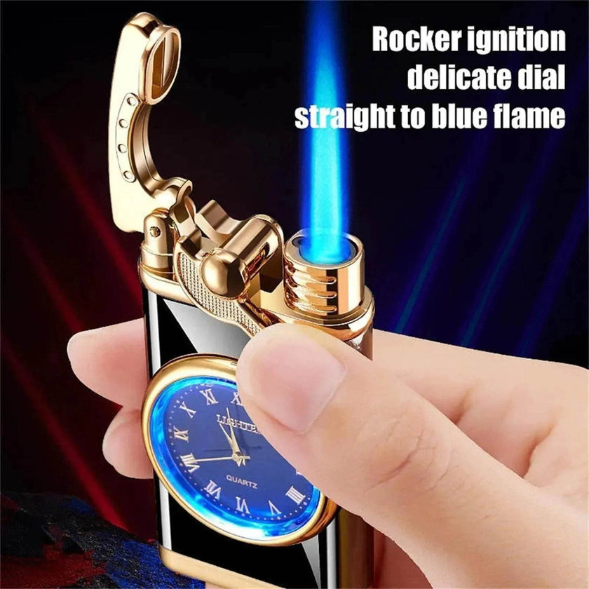 New Lighter With Electric Watch Rocker Arm Automatic Ignition Straight Blue Flame Lighter Creative Real Dial Inflatable Windproof Cigar Lighter Men's Watch Gift
