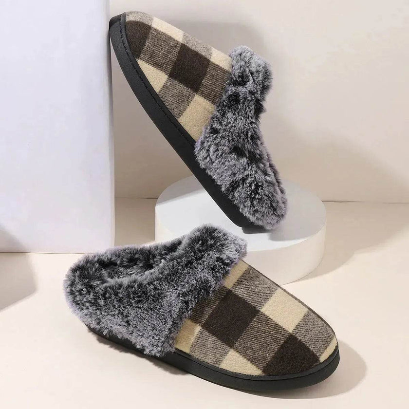 Winter Warm Plaid Plush Slippers Home Indoor Non-slip Bedroom Floor Soft Fuzzy Slipper For Couple Fashion Solid House Shoes