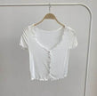 Women Summer Short Sleeve Ruffle Buttons Frilly Solid Color  tank Tops