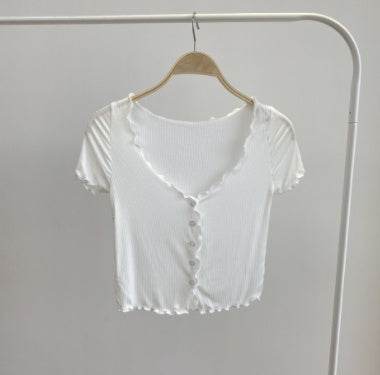 Women Summer Short Sleeve Ruffle Buttons Frilly Solid Color  tank Tops
