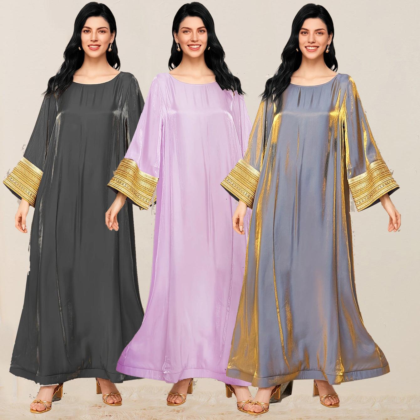 Women’s Kaftan Maxi Dress – Elegant Loose Abaya Gown with Gold Embroidered Sleeves | Modest Islamic Long Dress
