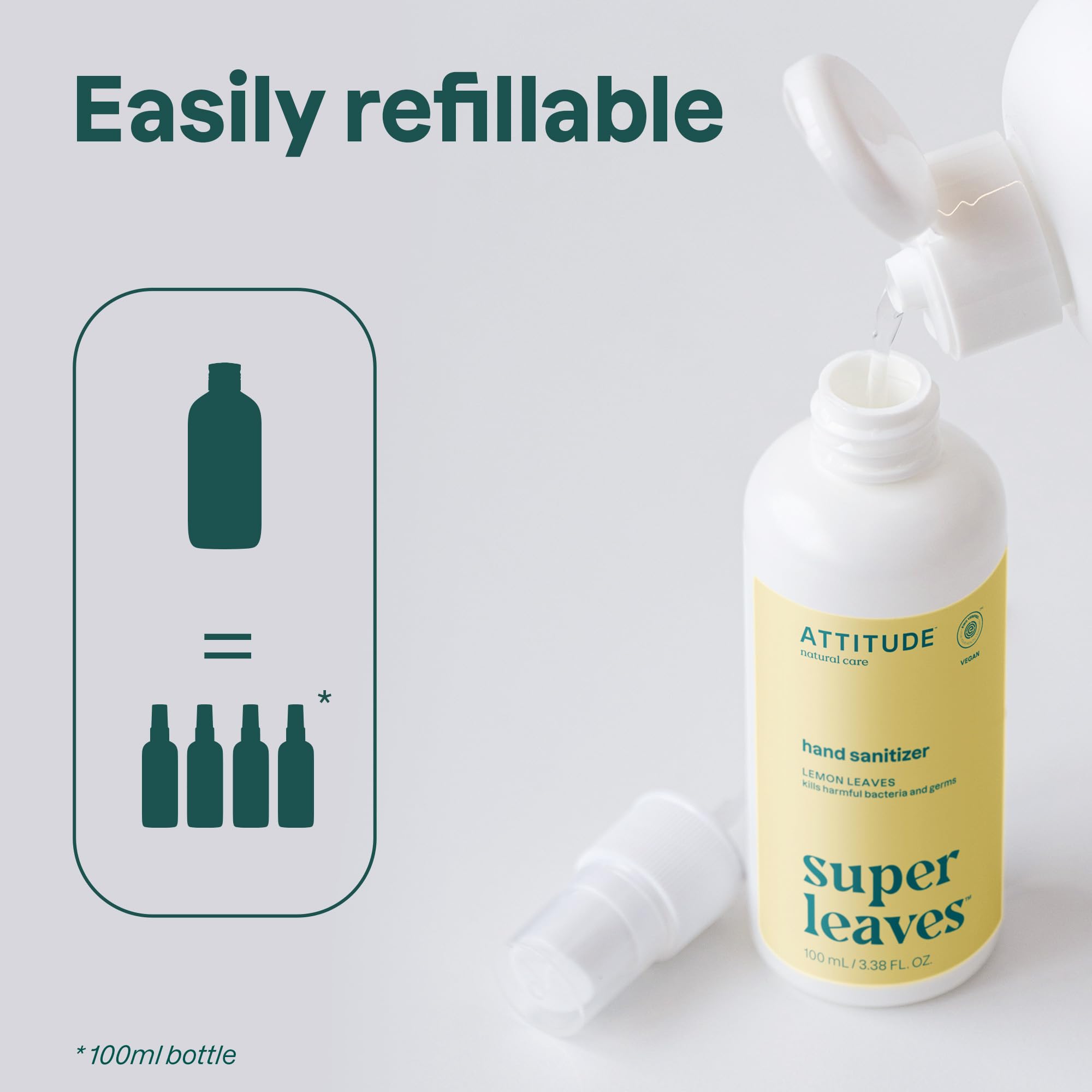 ATTITUDE Hand Sanitizer Refill, EWG Verified, Kills Germs & Bacteria, Vegan & Plant-Based, Safe for Adults & Kids, Lemon Leaves Scent, 473 mL 🍁 All In One Marketplace Canada