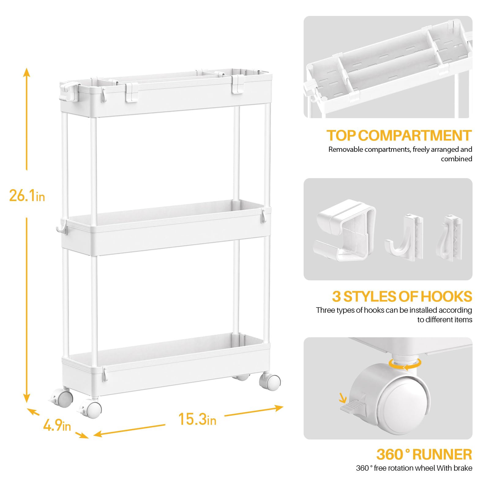SPACELEAD Slim Storage Cart,3 Tier Bathroom Rolling Utility Cart Storage Organizer Slide Out Cart, Mobile Shelving Unit Organizer Trolley for Office Bathroom Kitchen Laundry Room Narrow Places, White 🍁 All In One Marketplace Canada