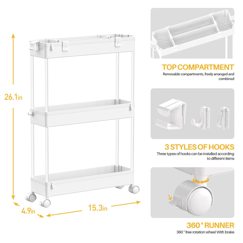 SPACELEAD Slim Storage Cart,3 Tier Bathroom Rolling Utility Cart Storage Organizer Slide Out Cart, Mobile Shelving Unit Organizer Trolley for Office Bathroom Kitchen Laundry Room Narrow Places, White 🍁 All In One Marketplace Canada