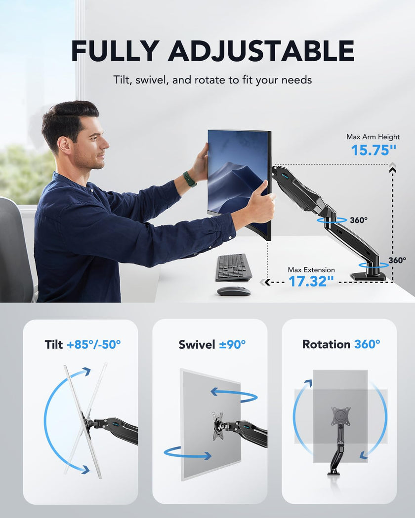 HUANUO Single Monitor Mount, 13 to 32 Inch Design Monitor Arm, Adjustable Stand, Vesa Mount with Clamp and Grommet Base - Fits 4.4 to 19.8lbs LCD Computer Monitors 🍁 All In One Marketplace Canada