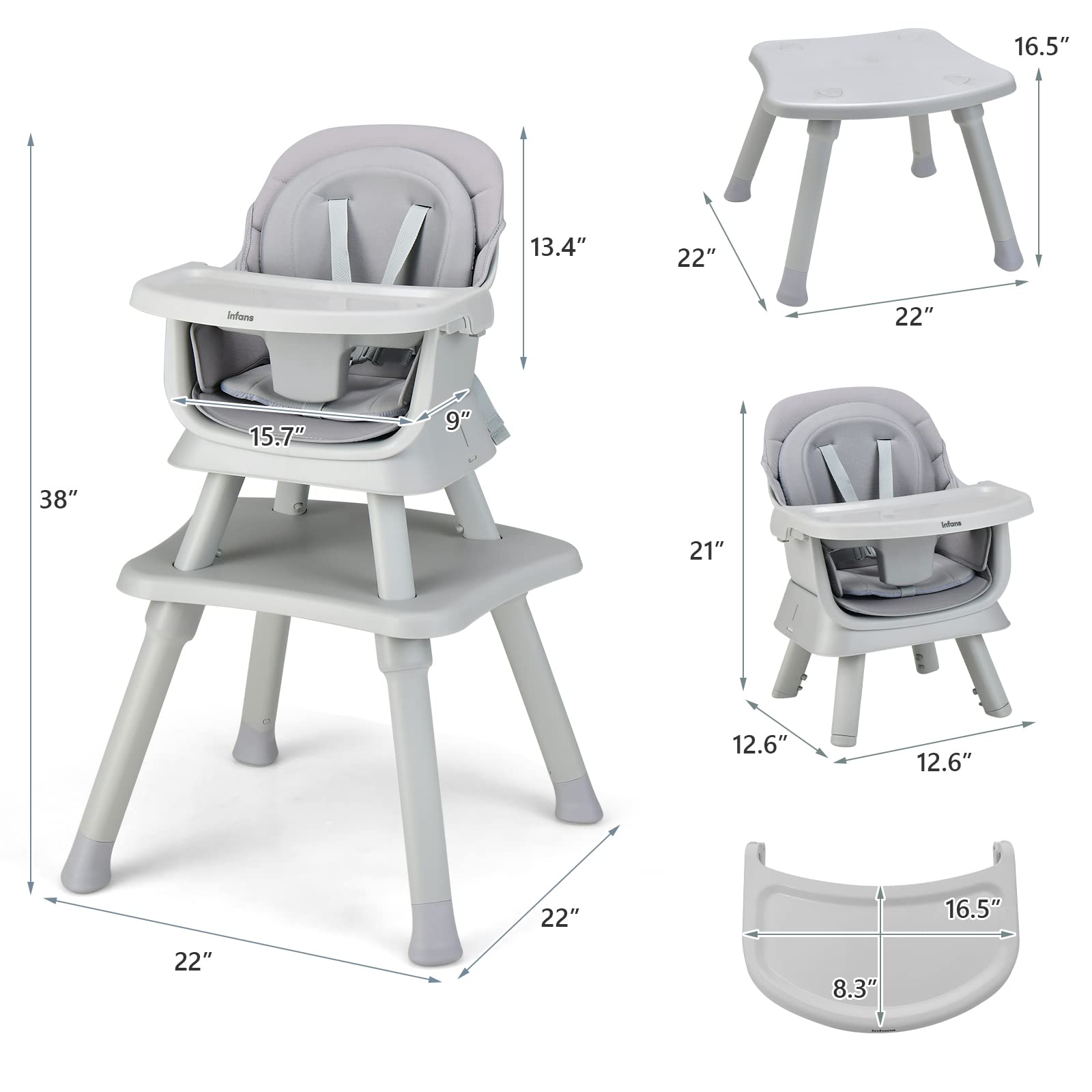 INFANS 8 in 1 Baby High Chair, Convertible Highchair for Babies and Toddlers, Infant Dining Booster Seat, Building Block Table, Kids Stool Table Chair Set with Removable Tray (Grey) 🍁 All In One Marketplace Canada