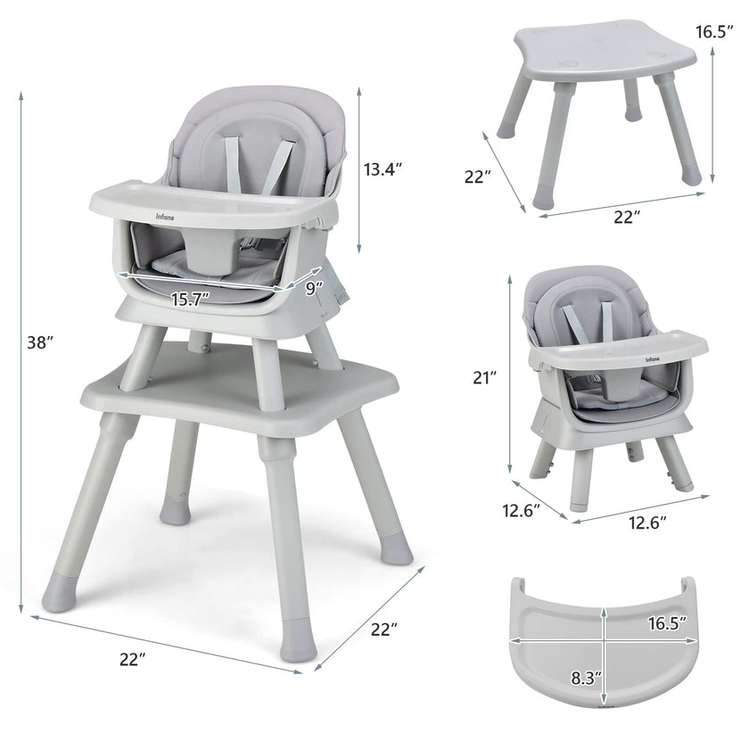 INFANS 8 in 1 Baby High Chair, Convertible Highchair for Babies and Toddlers, Infant Dining Booster Seat, Building Block Table, Kids Stool Table Chair Set with Removable Tray (Grey) 🍁 All In One Marketplace Canada