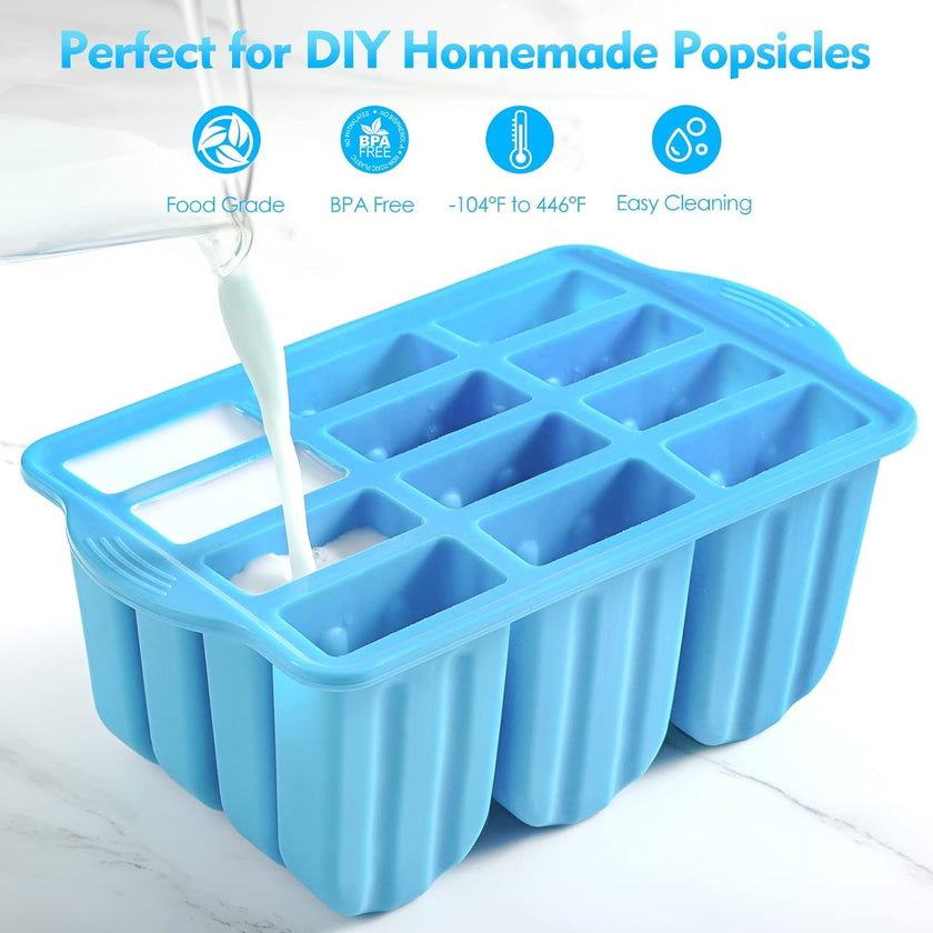 POLCANUR Popsicle Molds Silicone BPA-Free,12 Pieces Popsicle Trays for Freezer,Homemade Ice Cream Popsicle Molds,Large Ice Pop Maker Set,Reusable Ice Lolly Mould with 50PCS Popsicle Sticks 🍁 All In One Marketplace Canada