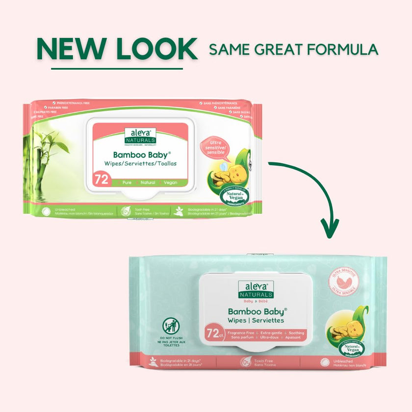 Aleva Naturals Bamboo Baby Sensitive Wipes- Natural and Organic Formula, Hypoallergenic, Biodegradable, Extra Strong and Ultra-Soft, Perfume Free Diaper Wipes - New Eco-Friendly, Sustainable Packaging- 72 Count X 6= 432 Wipes Total