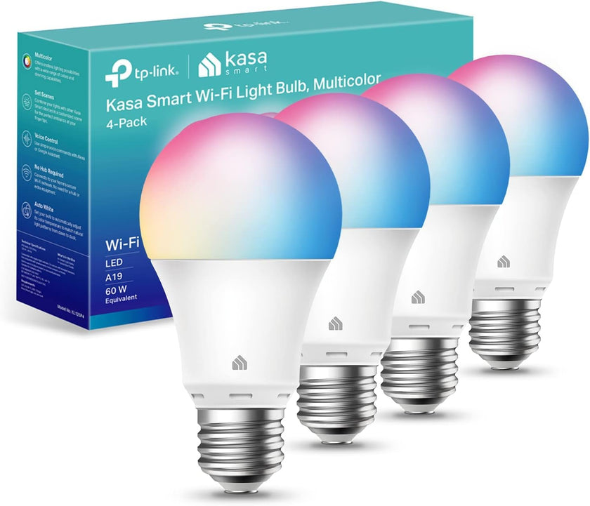Kasa Smart Light Bulbs, Full Colour Changing Dimmable Smart WiFi Bulbs Compatible with Alexa and Google Home, A19, 9W 800 Lumens,2.4Ghz only, No Hub Required, 4-Pack (KL125P4), Multicolour 🍁 All In One Marketplace Canada