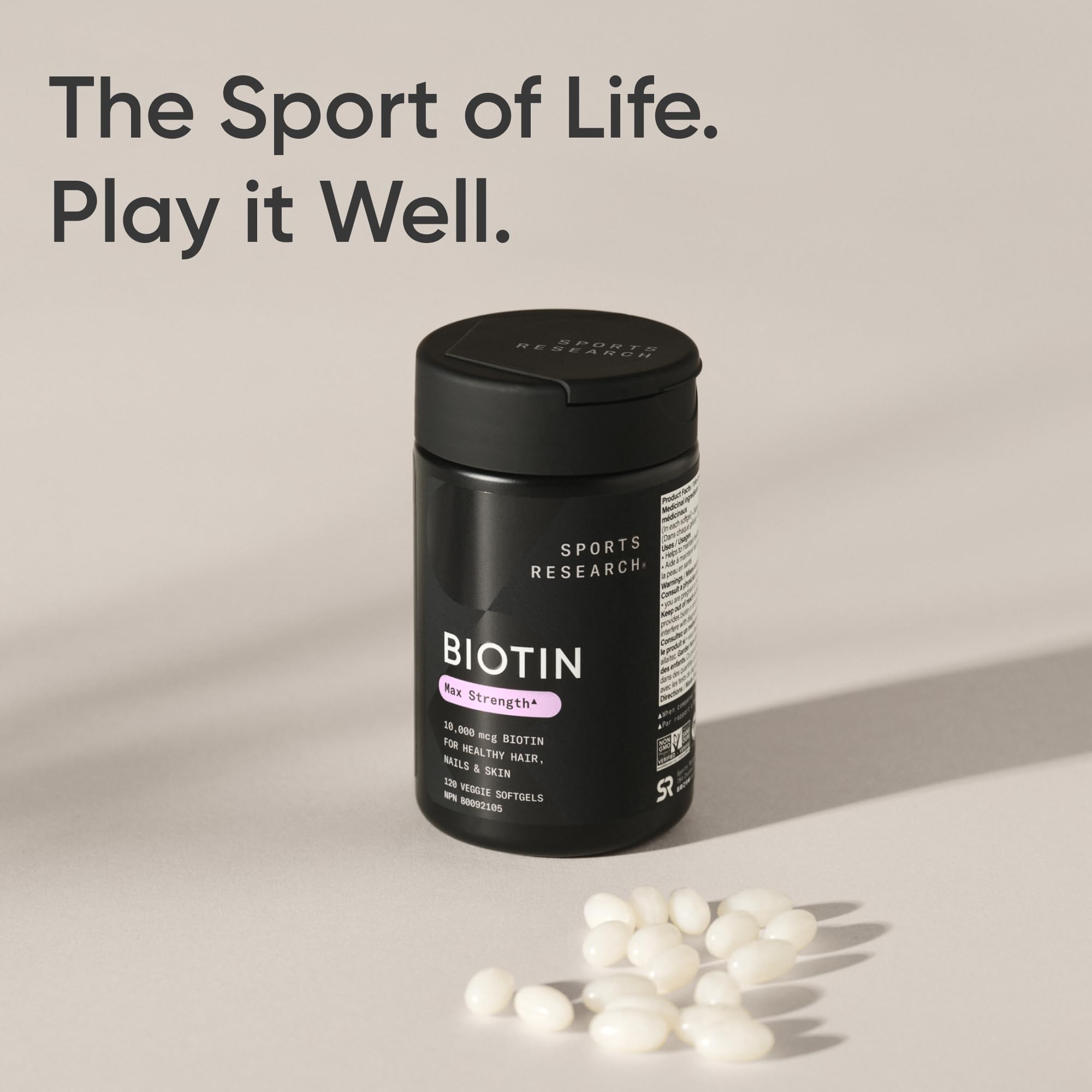 Sports Research® Max Strength Vegan Biotin 10,000mcg with Organic Coconut Oil - Helps to Maintain Healthy Hair, Nails and Skin - Great for Women & Men - 120 Veggie Softgels 🍁 All In One Marketplace Canada
