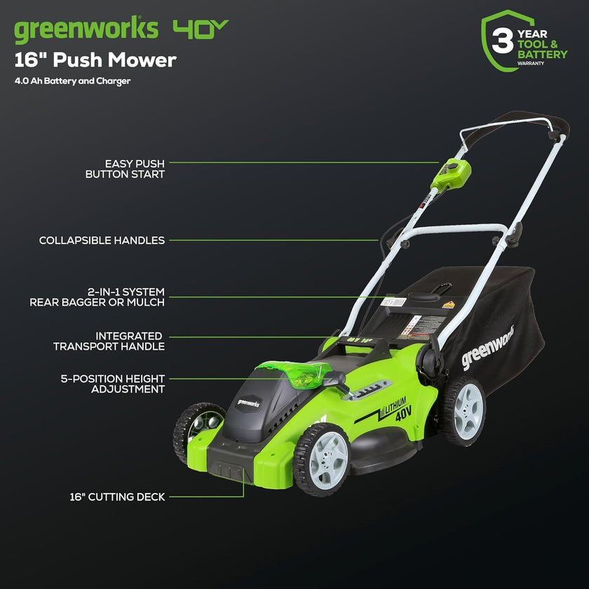 Greenworks 40V 16-inch Cordless Lawn Mower, 4.0 Ah Battery and Charger Included 25242 🍁 All In One Marketplace Canada