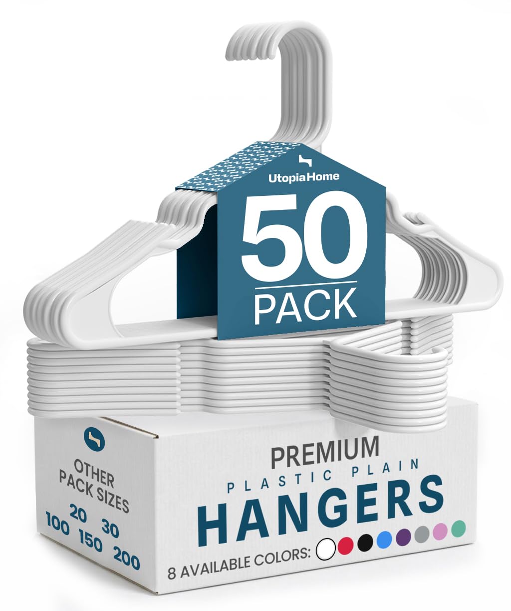 Utopia Home Plastic Hangers, 50 Pack, Clothes Hangers with Shoulder Grooves, Durable Space Saving Coat Hanger for Shirts, Pants, Skirts, Jackets, Blouses, Dresses and Everyday Wardrobe Use (White) 🍁 All In One Marketplace Canada