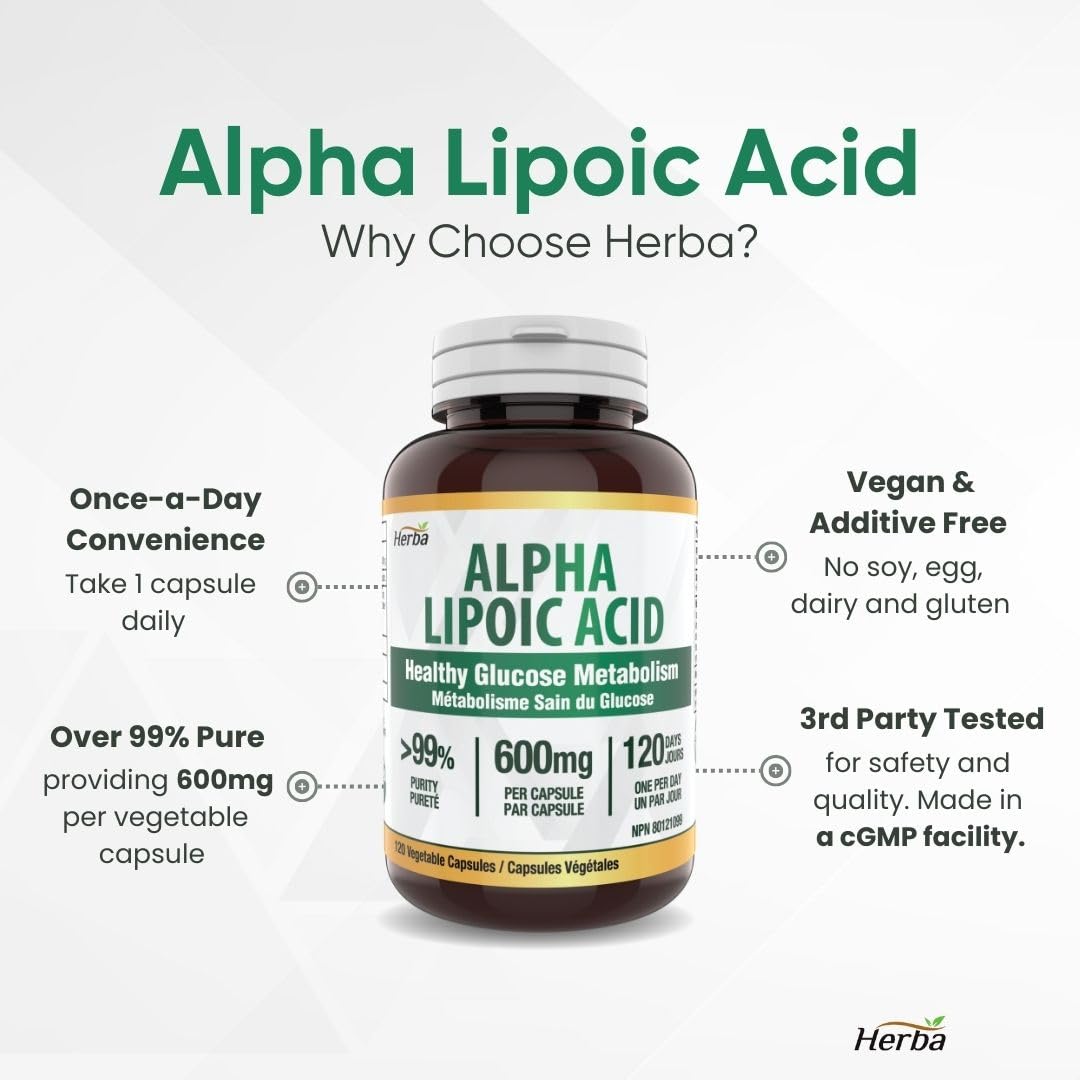Herba Alpha Lipoic Acid 600mg – 120 Capsules | >99% Ultra Pure | Made in Canada | Blood Sugar Support Supplement 🍁 All In One Marketplace Canada