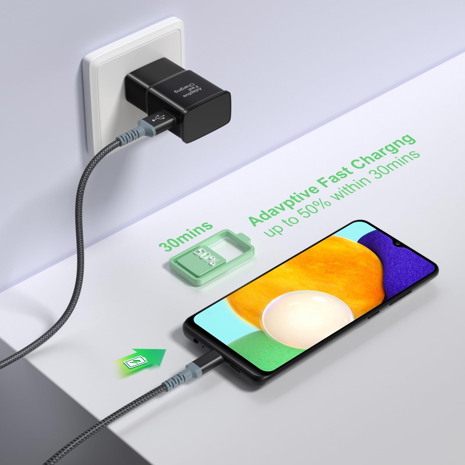 Adaptive Fast Charger and USB-C Cable 10ft(3m), Excgood Type C Cable Fast Charging Compatible with Galaxy A16/A15/A13/A14/A03s, S25 Ultra/S24/S23/S22/S20/S8/9+/10e,Note, Android Phone (2Pack Black) 🍁 All In One Marketplace Canada