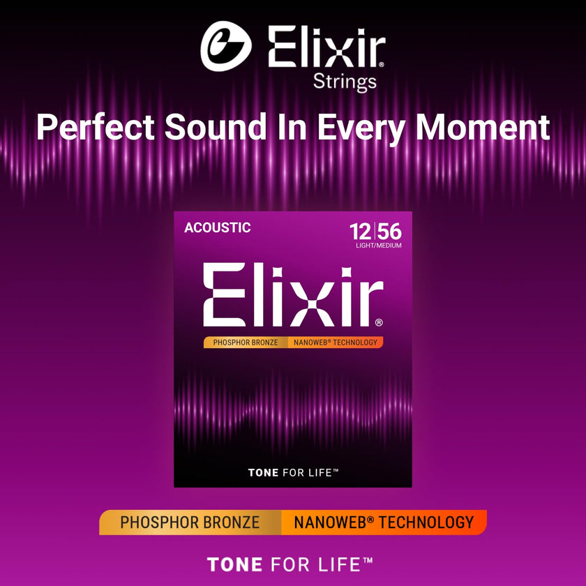 Elixir 16077 Phosphor Bronze Nanoweb Coating Acoustic Guitar Strings - Light-Medium 12-56 🍁 All In One Marketplace Canada