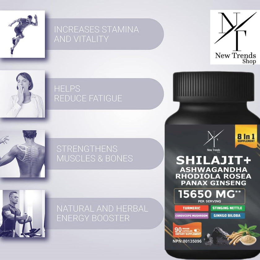 8-in-1 Shilajit Himalayan Organic Supplement with Shilajit 9000, Ashwagandha 2000MG, Rhodiola Rosea 1000MG, Panax Ginseng 1500MG, Cordyceps Mushroom 500MG, Gingko Biloba 500MG, Stinging Nettle 250MG, Turmeric (15,250 MG - 90 Caps)