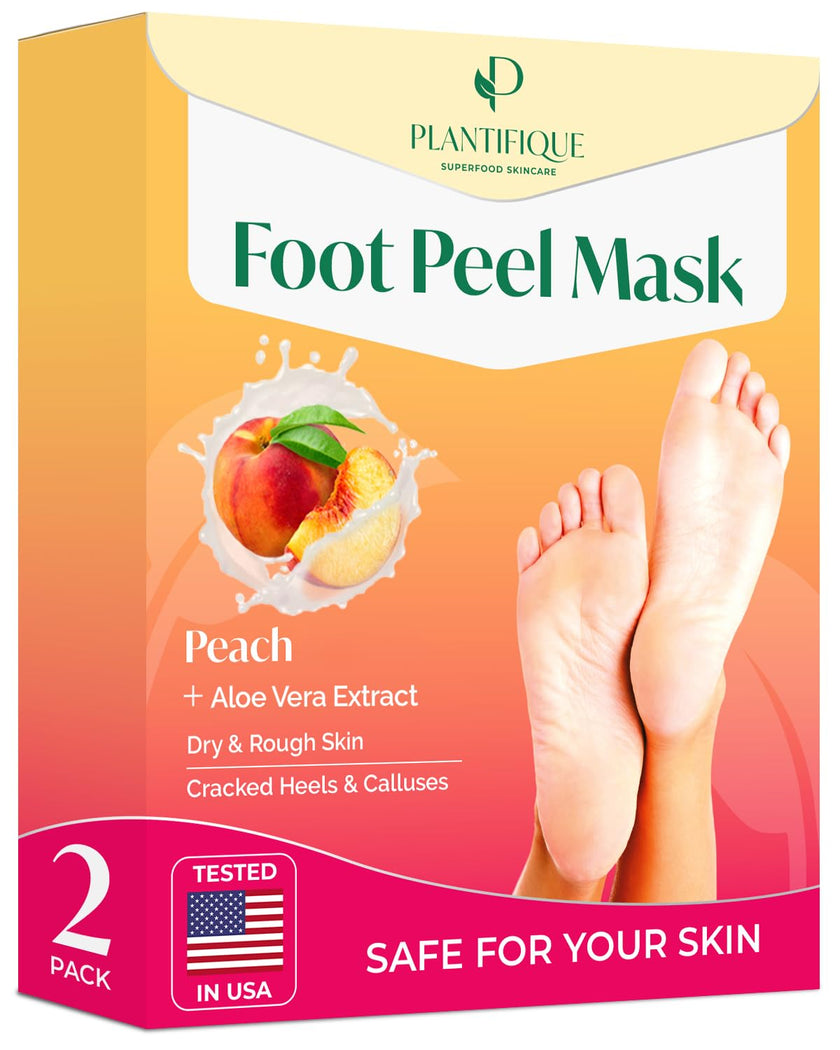 PLANTIFIQUE Foot Peel Mask Dermatologically Tested - 2 Pairs Peach Exfoliating Mask for Dry Cracked Feet - Masque Pied Peeling - Foot Care for Soft Baby Feet 🍁 All In One Marketplace Canada