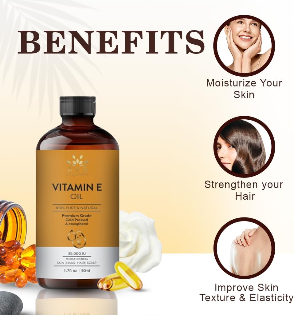 AVD Organics Vitamin E Oil for Hair | For Skin & Scars – 35,000 IU (50ML) | 100% Pure Cold-Pressed Tocopherol – Vitamin E Oil for Hair, Face, Body, Nails – 1.7 fl oz 🍁 All In One Marketplace Canada