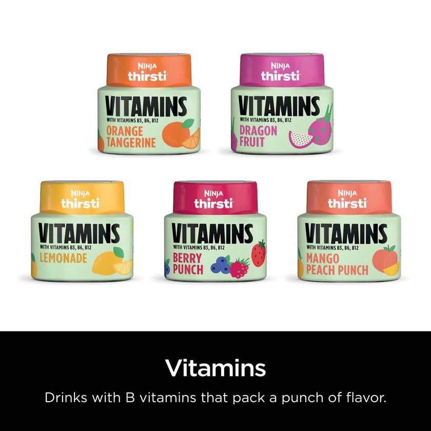 Ninja Thirsti VITAMINS Lemonade Flavoured Water Drops with Vitamins B3, B6, B12 and 0 calories*, 0 sugar* (*per 12oz classic serving) . Turn water into refreshing fruit-flavoured sparkling or still drinks with Ninja Thirsti Vitamins Flavoured Water Drops,