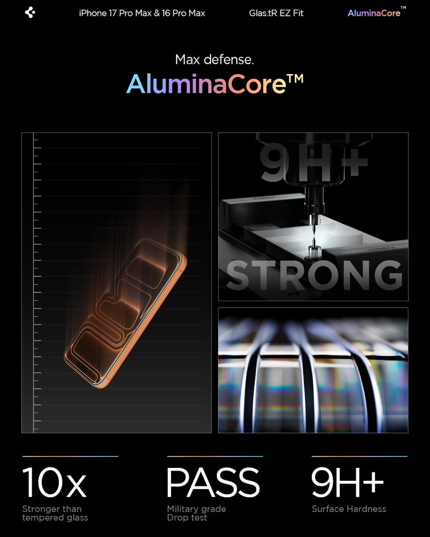 Spigen AluminaCore Tempered Glass Screen Protector [Glas.tR EZ Fit] designed for iPhone 17 Pro Max | iPhone 16 Pro Max [2 Pack] 9H+ Hardness, Aluminum-Enhanced Durability 🍁 All In One Marketplace Canada
