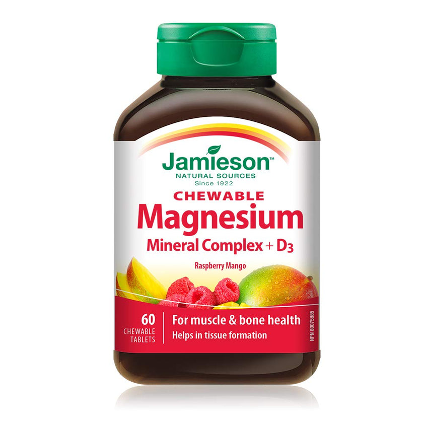 Jamieson Chewable Magnesium Mineral Complex Raspberry Mango Flavour, with 800 IU Vitamin and 140 mg Magnesium, 12 Essential Minerals, Supports Muscle and Bone Health, Gluten-Free, 60 Count 🍁 All In One Marketplace Canada