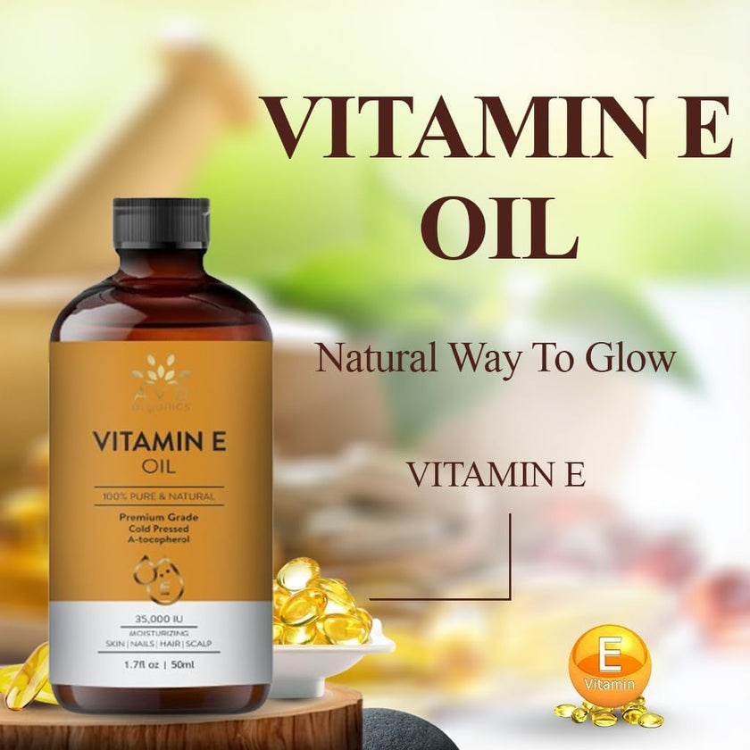 AVD Organics Vitamin E Oil for Hair | For Skin & Scars – 35,000 IU (50ML) | 100% Pure Cold-Pressed Tocopherol – Vitamin E Oil for Hair, Face, Body, Nails – 1.7 fl oz 🍁 All In One Marketplace Canada