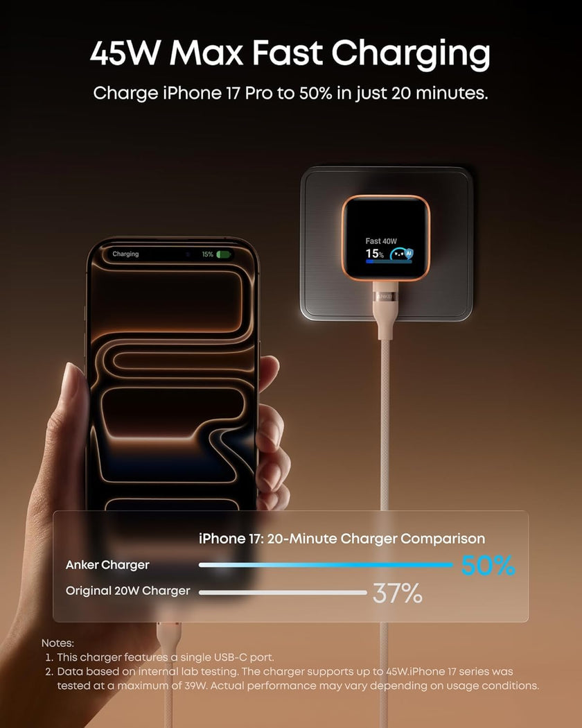 Anker Smart Display Charger,Anker Nano 45W Fast Charging USB C Charger with Smart Recognition,Built-in Care Mode,Compact with 180° Foldable Plug,for iPhone 17/16/15 Series,MacBook,Apple Watch (Orange) 🍁 All In One Marketplace Canada