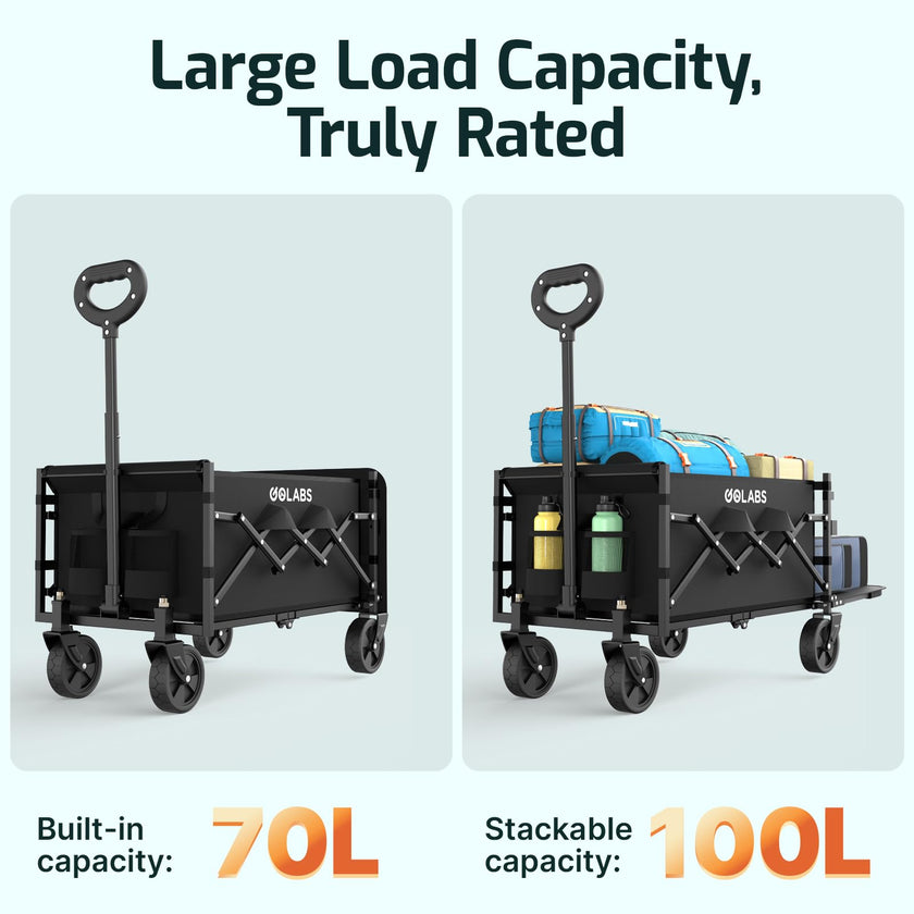 Golabs Collapsible Wagon Cart Max 350lb Load & Expandable Storage 100L, Double Bearing Design for Flexible Steering, Foldable Heavy Duty Garden Cart with 2 Cup Holders for Groceries, Garden & Camping 🍁 All In One Marketplace Canada