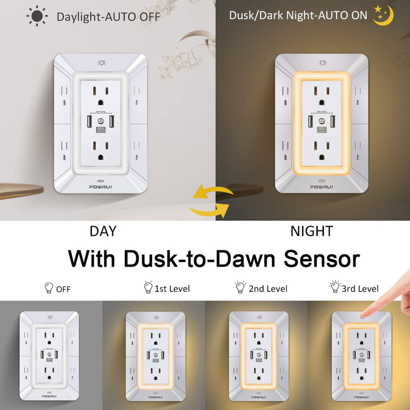 3-Sided Power Bars with Surge Protector, POWRUI 6-Outlet Extender with 3 USB Ports (1 USB C) and Night Light, Multi Plug Outlet and Spaced Outlets Adapter, ETL, White 🍁 All In One Marketplace Canada