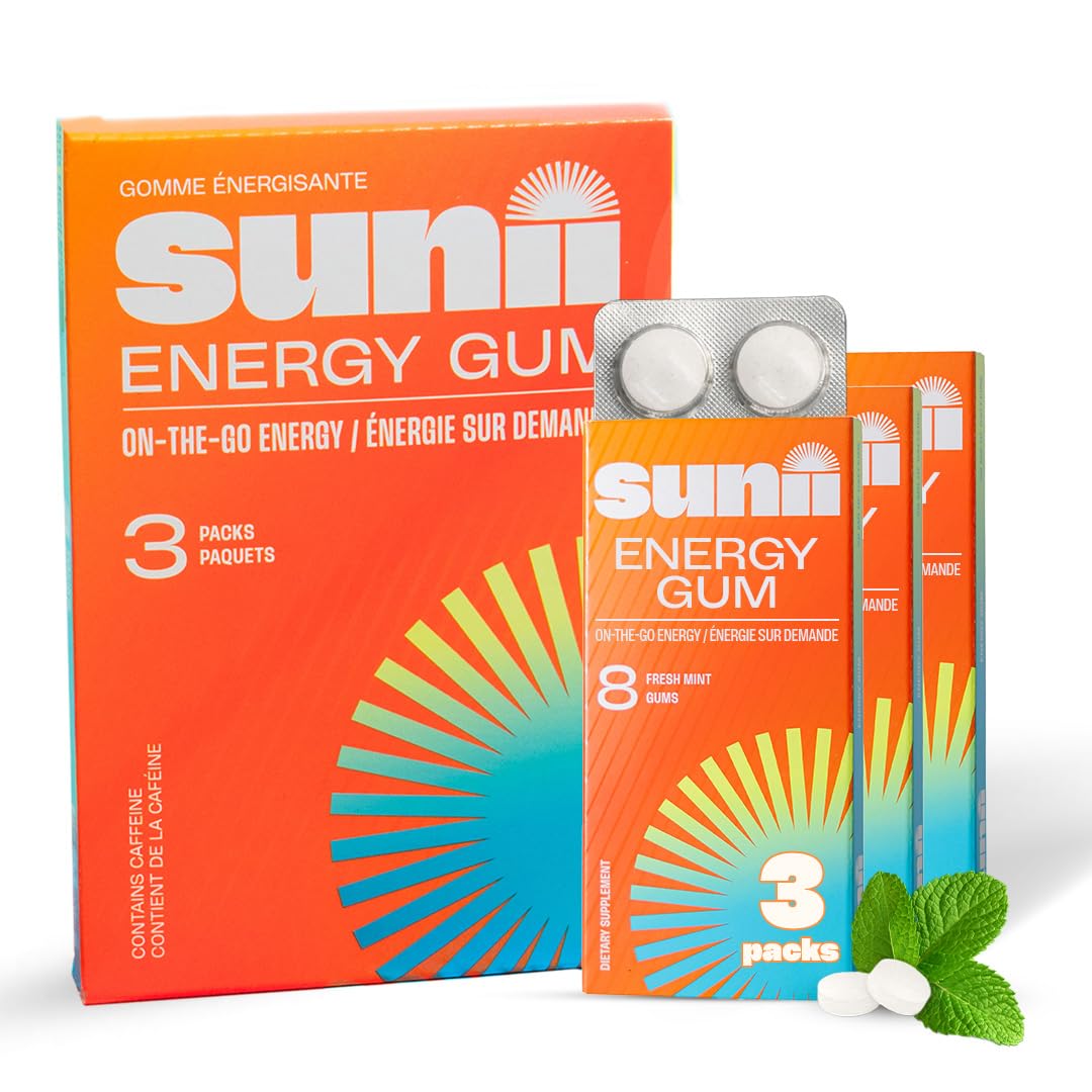 Sunii Nootropic Energy Gum - Quick Boost Energy & Focus - 100mg Caffeine Gum, Fresh Mint Taste - Vitamins B6 & B5, Taurine, Vegan, No Sugar, 5 Calorie, Faster than Chews, Drinks, Gels & Pills (24pcs) 🍁 All In One Marketplace Canada