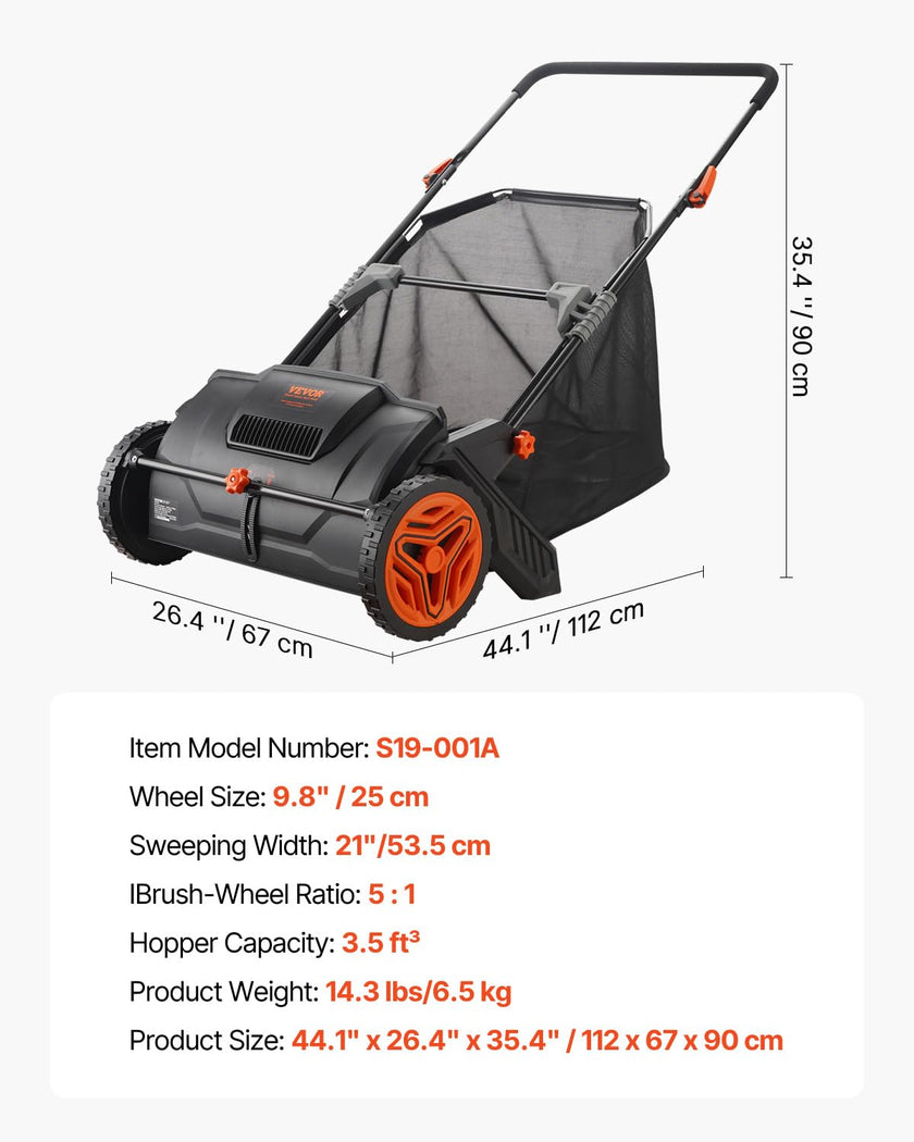 VEVOR Push Lawn Sweeper, 21-inch Leaf & Grass Collector, Strong Wheels & Heavy Duty Thickened Steel Durable to Use with Large Capacity 3.5 cu. ft. Mesh Collection Hopper Bag, 2 Spinning Brushes 🍁 All In One Marketplace Canada