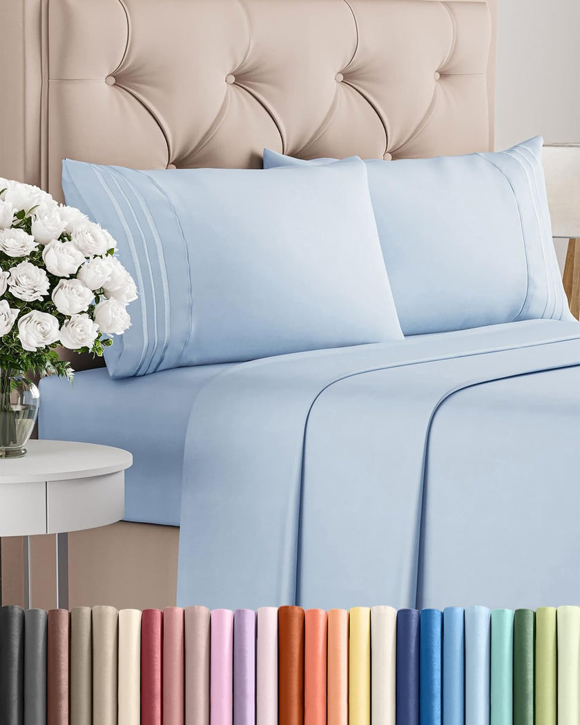 Queen Size 4 Piece Sheet Set - Comfy Breathable & Cooling Sheets - Hotel Luxury Bed Sheets for Women & Men - Deep Pockets, Easy-Fit, Extra Soft & Wrinkle Free Sheets - Sky Blue Oeko-Tex Bed Sheet Set 🍁 All In One Marketplace Canada