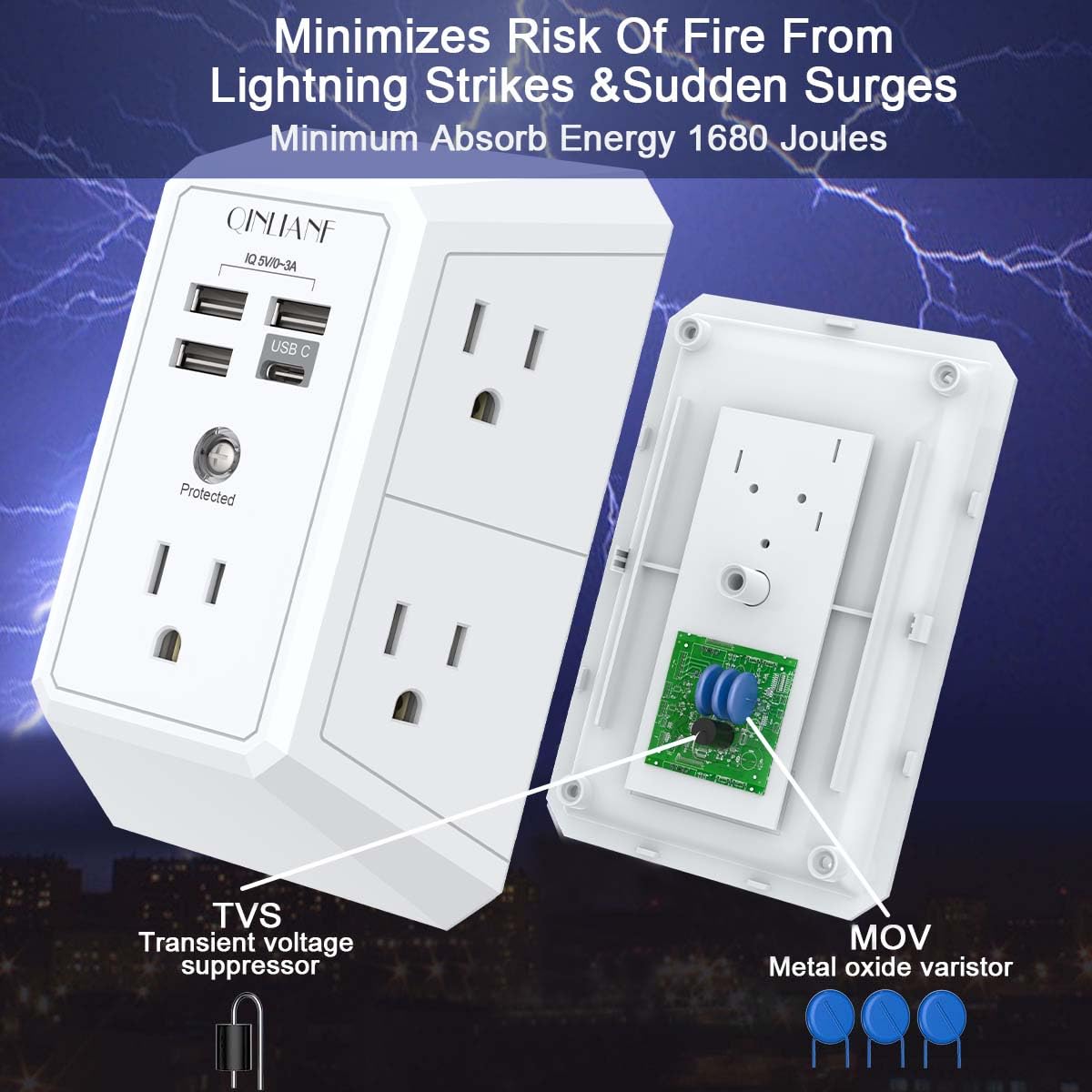 Wall Charger, Surge Protector, QINLIANF 5 Outlet Extender with 4 USB Charging Ports (4.8A Total) 3-Sided 1680J Power Strip Multi Plug Adapter Spaced for Home Travel Office (3U1C) 🍁 All In One Marketplace Canada