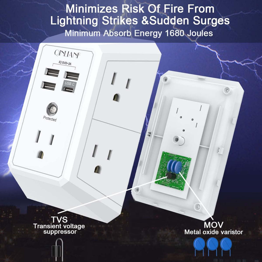Wall Charger, Surge Protector, QINLIANF 5 Outlet Extender with 4 USB Charging Ports (4.8A Total) 3-Sided 1680J Power Strip Multi Plug Adapter Spaced for Home Travel Office (3U1C) 🍁 All In One Marketplace Canada