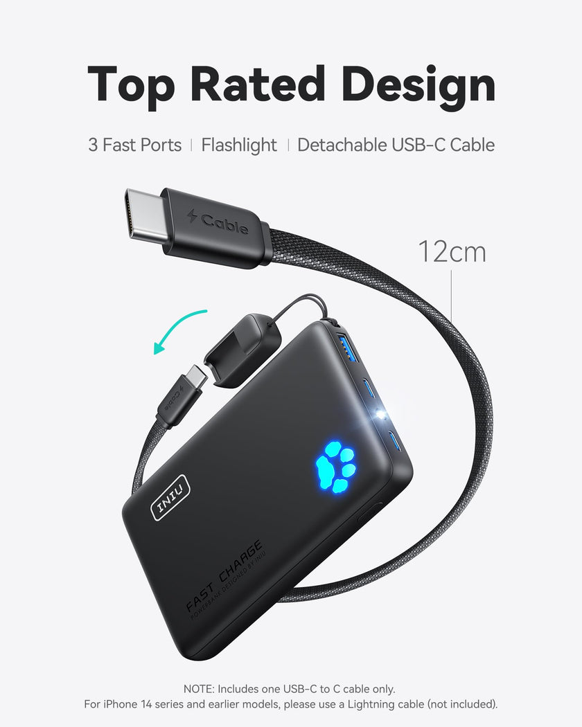 INIU Power Bank, 40% Smaller 10000mAh Portable Charger, 45W Ultra Fast Charging Powerbank with Detachable USB C Cable, Flight-Safe Travel External Battery Pack for iPhone 17 16 Samsung Google iPad etc 🍁 All In One Marketplace Canada