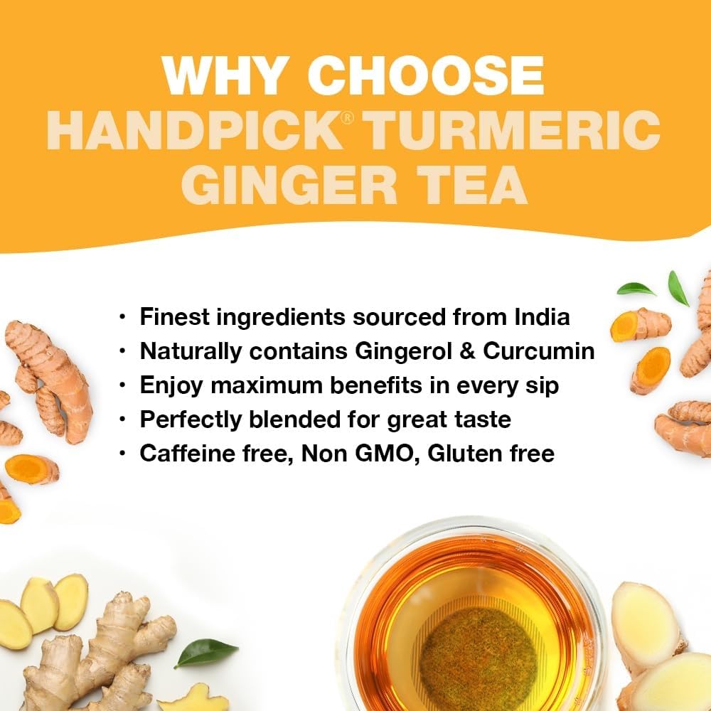 HANDPICK, Turmeric Ginger Tea, 100 Eco-Conscious Tea Bags | Caffeine Free, Gluten Free | 100% Pure Herbal Blend - Savory & Spicy | Curcumin | Packed in Eco-Friendly Tea Bags 🍁 All In One Marketplace Canada