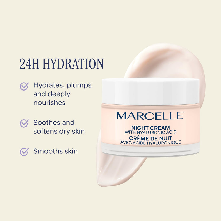 Marcelle Night Cream with Hyaluronic Acid, Vegan, Cruelty-Free, Clean Formula, Non-Comedogenic, Fragrance-Free, Paraben-Free, Mineral Oil-Free, Hypoallergenic, 50 mL 🍁 All In One Marketplace Canada