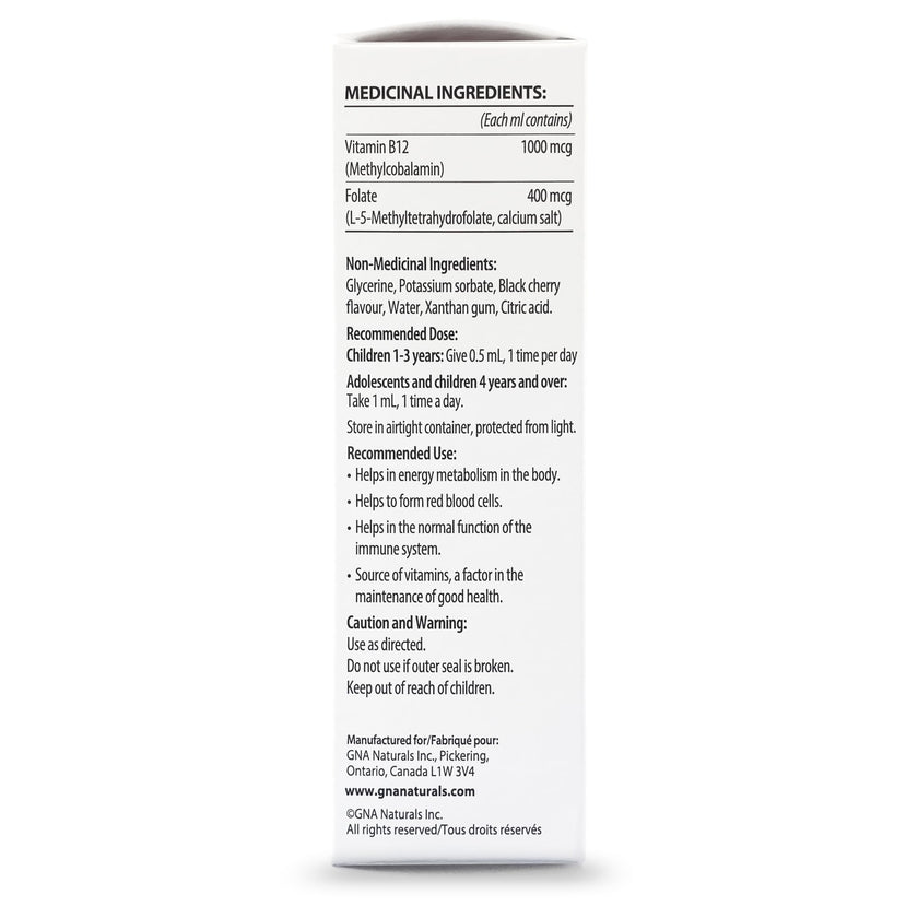 GNA Naturals Kids Vitamin B12 with Folate Supplement, 60ml - VitaminB12 Methylcobalamin 1000 mcg - Liquid Drops for Kids - Cherry Flavour- Methyl B12 Folate Supplement - Vitamin-B12-Complex – Vegan – For energy, metabolism and supports memory– Made in Can