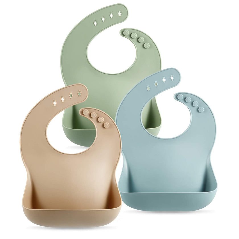 PandaEar Set of 3 Cute Silicone Baby Bibs for Babies & Toddlers (10-72 Months) Waterproof, Soft, Unisex, Non Messy (Brown/Blue/Green) 🍁 All In One Marketplace Canada