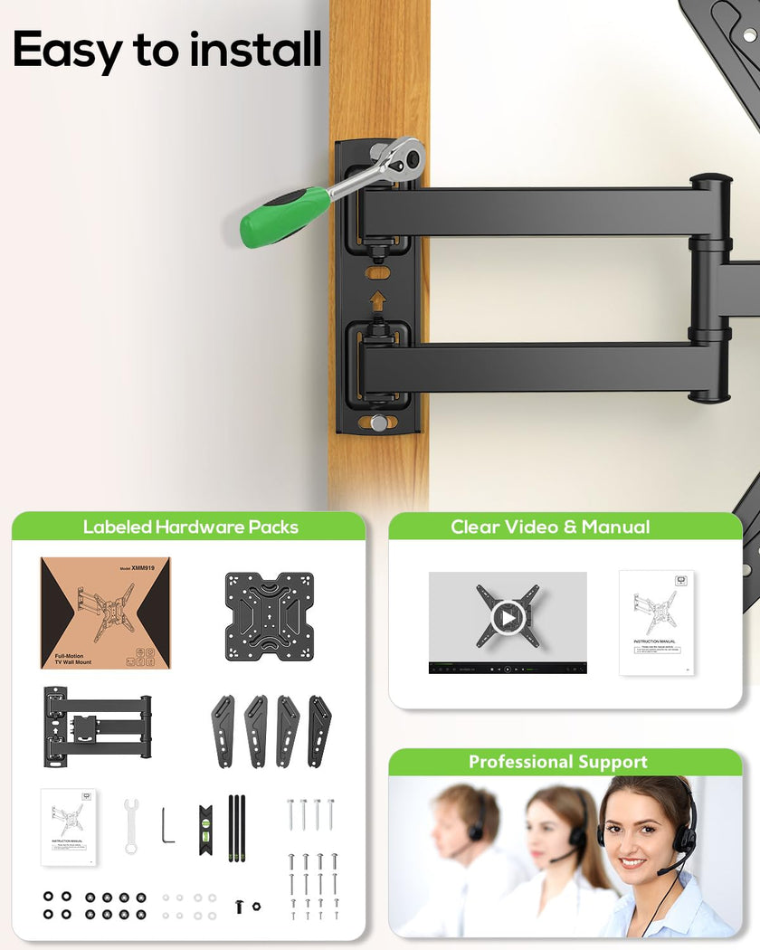 USX MOUNT Full Motion TV Wall Mount for 26-65 Inch TVs up to 77Lbs, Wall Mount TV Bracket, Single Stud Articulating TV Mount, Smooth Swivel Extension, Max VESA 400x400 mm, XMM919 🍁 All In One Marketplace Canada