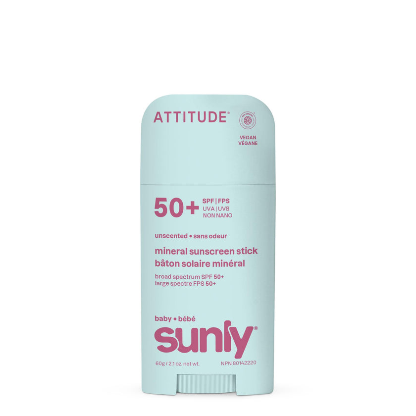 ATTITUDE Baby Mineral Sunscreen Stick SPF 50, Broad Spectrum Zinc Oxide, EWG Verified, Non-Nano, Mess-Free Stick for Face & Body, Lightweight Non-Greasy, Vegan, Unscented, 60 grams 🍁 All In One Marketplace Canada