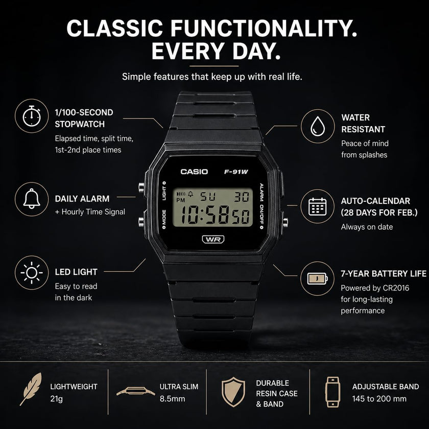 Casio F-91WB Series | Men's Digital Watch | Environmentally Friendly Bio-Based Resin | Alarm | Date Indicator | 7-Year Battery, Black 🍁 All In One Marketplace Canada