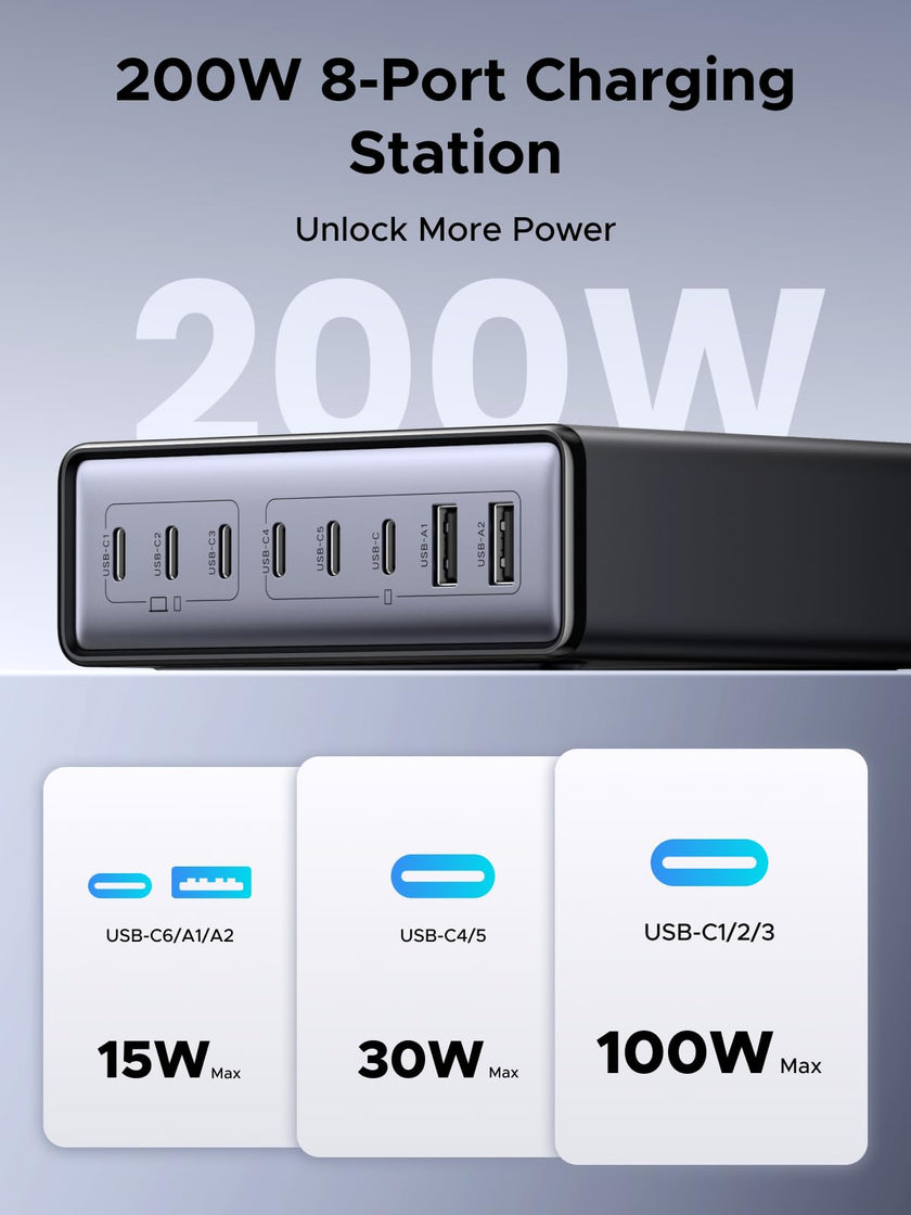 UGREEN 200W 8-Port GaN USB C Charger Block, Desktop Charging Station USB C and USB PD 100W Fast Charging Compatible for MacBook Pro 16