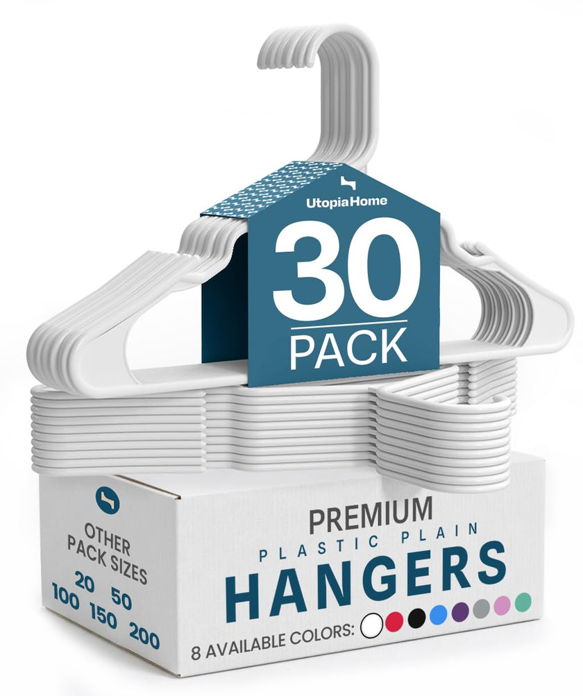 Utopia Home Plastic Hangers, 30 Pack, Clothes Hangers with Shoulder Grooves, Durable Space Saving Coat Hanger for Shirts, Pants, Skirts, Jackets, Blouses, Dresses and Everyday Wardrobe Use (White) 🍁 All In One Marketplace Canada