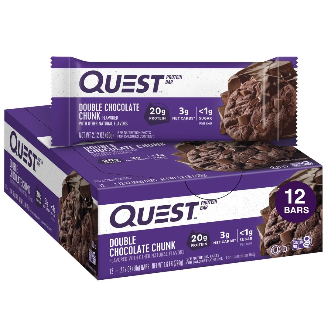 Quest Nutrition Double Chocolate Chunk Protein Bar, High Protein, High Fibre, Low Sugar, Keto Friendly, 20g Protein, 1g Sugar, 12ct 🍁 All In One Marketplace Canada