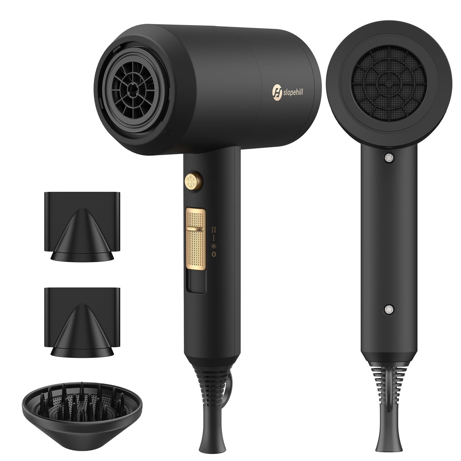 Slopehill Professional Ionic Hair Dryer, Powerful 1800W Fast Drying Low Noise Blow Dryer with 2 Concentrator Nozzle 1 Diffuser Attachments for Home Salon Travel (Black) 🍁 All In One Marketplace Canada