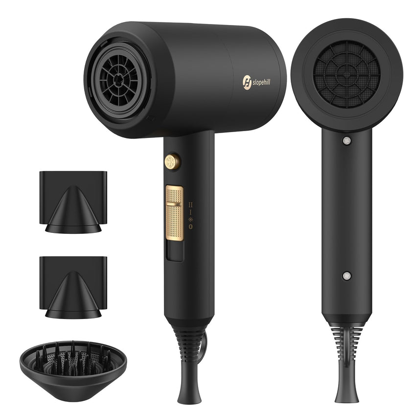 Slopehill Professional Ionic Hair Dryer, Powerful 1800W Fast Drying Low Noise Blow Dryer with 2 Concentrator Nozzle 1 Diffuser Attachments for Home Salon Travel (Black) 🍁 All In One Marketplace Canada