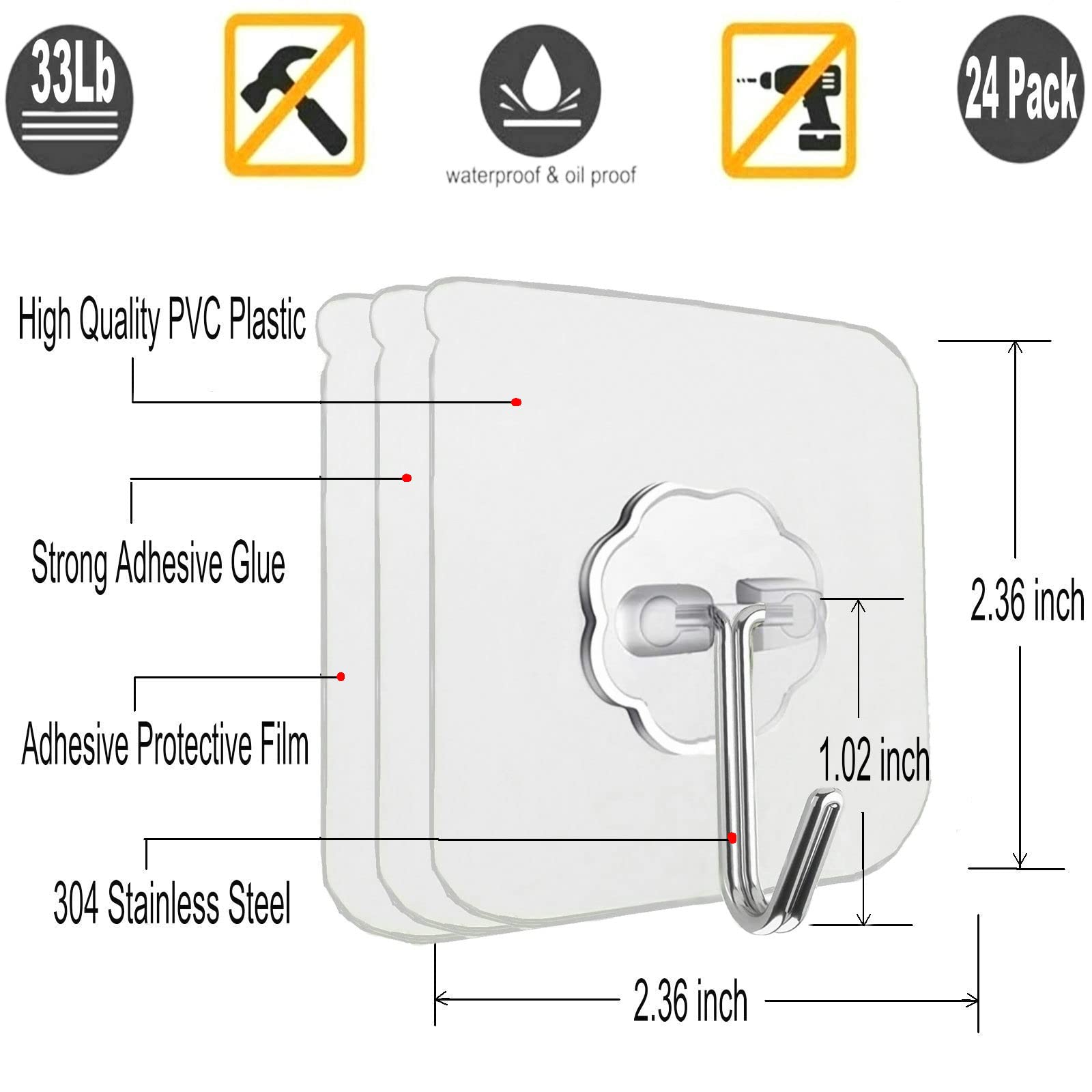 Jwxstore 24 Pack Wall Hooks for Hanging 33lb(Max) Heavy Duty Self Adhesive Hooks Transparent Waterproof Sticky Hooks for Keys Bathroom Shower Outdoor Kitchen Door Home Improvement Utility Hooks 🍁 All In One Marketplace Canada